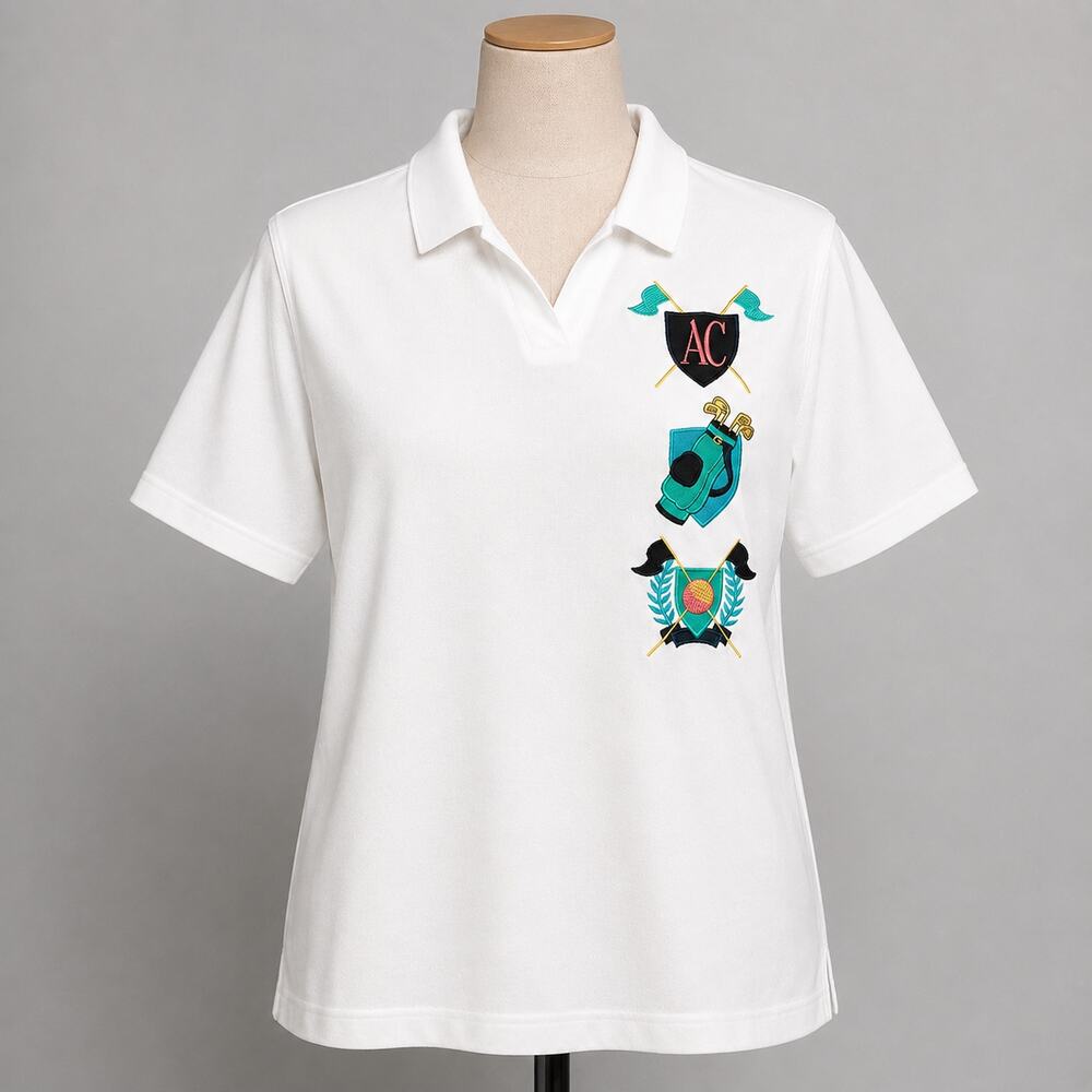 Karen Scott Vintage Golf Polo Women's XL White Embroidered Golf Clubs